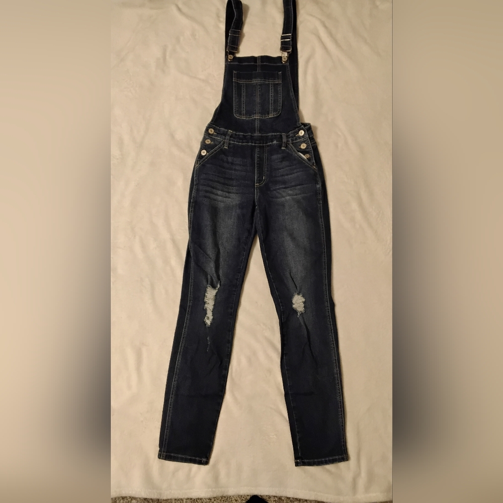 KanCan Dark Blue Distressed Overalls